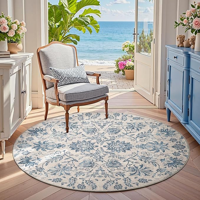 jinchan Classic Floral Round Rug 5ft, Vintage-Inspired Design 5’Circle Rug, Machine Washable Ultra-Thin Low-Pile Non-Slip Indoor Carpet for Bedroom Dining Room Living Room Entryway, Dark Blue