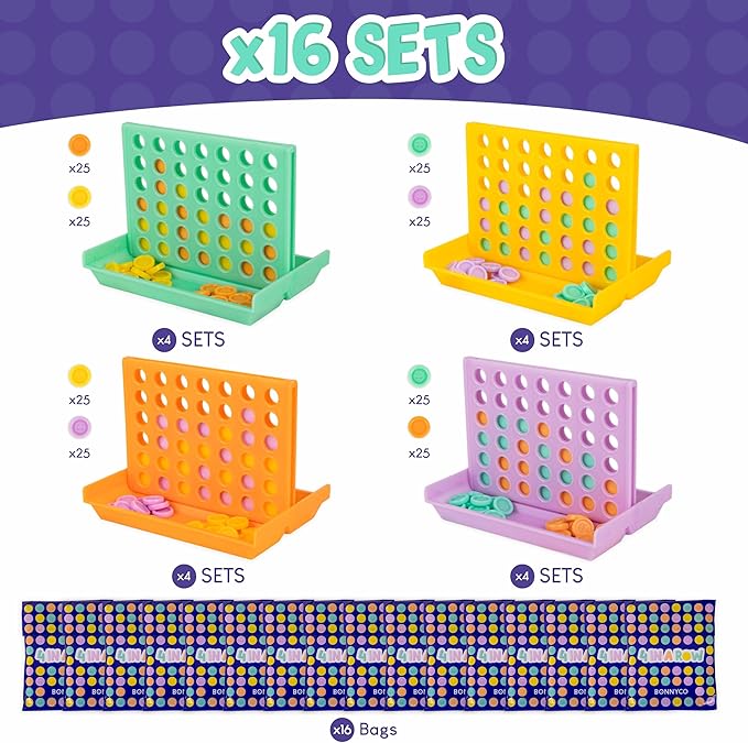 BONNYCO 4 in a Row Pack of 16 Birthday Party Favors for Kids Age 5-12. Classroom Prizes for Students, Bulk Gifts, Mini Travel Board Games and Toys, Goodie Bags and Pinata Stuffers