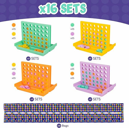 BONNYCO 4 in a Row Pack of 16 Birthday Party Favors for Kids Age 5-12. Classroom Prizes for Students, Bulk Gifts, Mini Travel Board Games and Toys, Goodie Bags and Pinata Stuffers