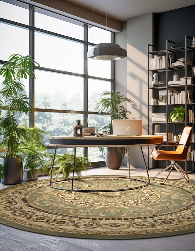 Rugs.com Chateau Collection Rug – 6 Ft Round Light Green Medium-Pile Rug Perfect for Kitchens, Dining Rooms