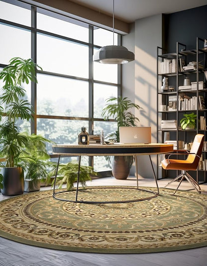 Rugs.com Chateau Collection Rug – 6 Ft Round Light Green Medium-Pile Rug Perfect for Kitchens, Dining Rooms