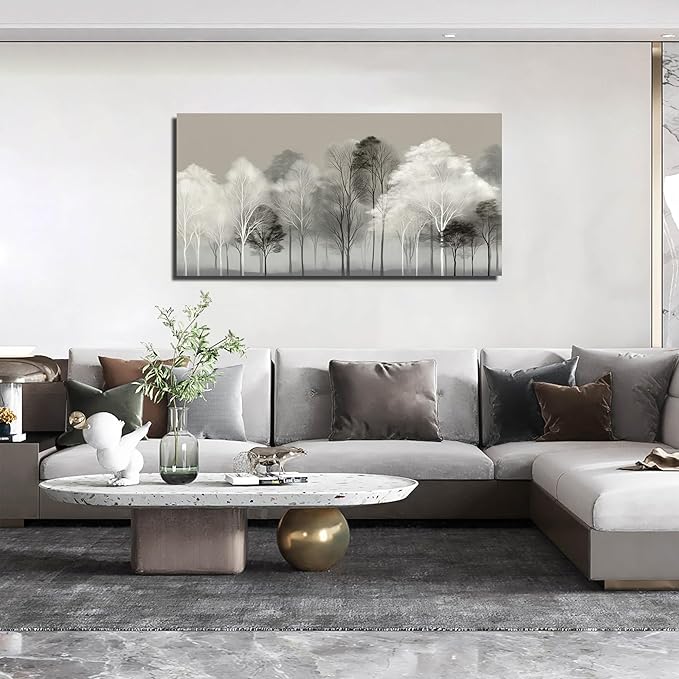Prepeyssee Black and White Tree Wall Art for Living Room Large Landscape Modern Artwork Gray Forest Picture for Bedroom Home Office Ready to Hang 24x48 Inch