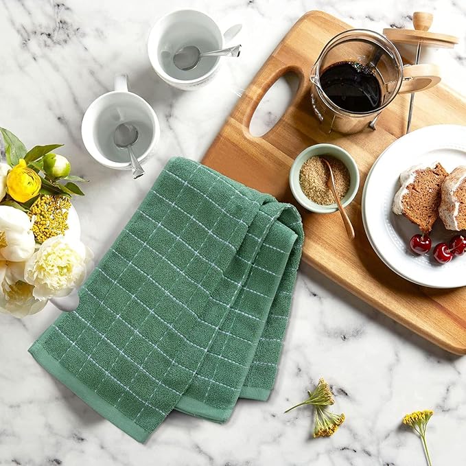 Mordimy 100% Cotton Terry Cloth Kitchen Towels, Super Soft and Absorbent Dish Towels for Drying, Checkered Designed Hand Towels for Kitchen, 16 x 26 Inches, 4 Pack, Grass Green