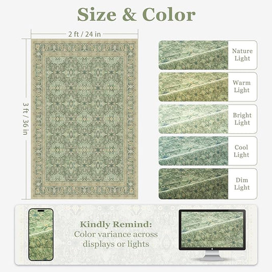 Jainmy Sage Green Small 2x3 Rug, Boho Floral Moroccan Printed Door Rugs for Entryway Indoor, Washable Non Slip Low Pile Thin Soft Door Mat Indoor Entrance for Kitchen Bathroom Laundry Room Bedside