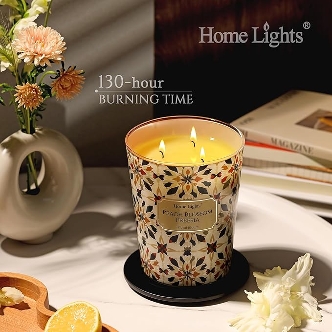 HomeLights Scented Candles | Large Jar 34 Oz Natural Soy Candle | 130 hrs Long-Lasting with 3 Wicks | Bohemian Natural for Home Decor | Gifts for Mom & Women, Peach Blossom Freesia