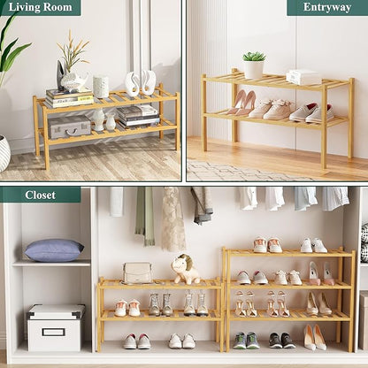 Smiry Shoe Rack, 2 Tier Bamboo Shoe Organizer, Stackable Free Standing Wooden Shoe Storage Shelf for Closet, Entryway, Front Door Entrance, Natural