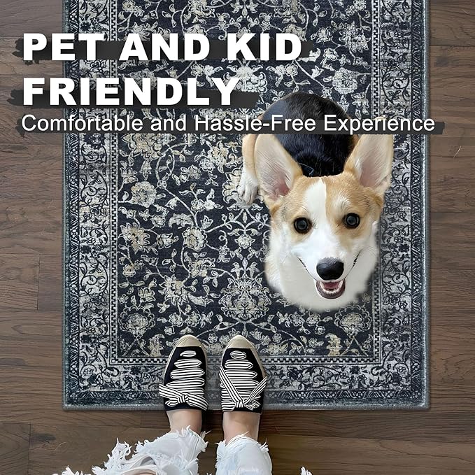 KILOCOCO Hallway Runner 2x7 Rug Runner Printed Vintage Floral Washable Kitchen Runners Non-slip Rubber Backed Runners for Hallways Laundry Room Distressed Boho Rugs for Entryway Bedroom, Navy/Charcoal
