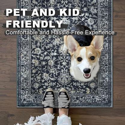 KILOCOCO Hallway Runner 2x7 Rug Runner Printed Vintage Floral Washable Kitchen Runners Non-slip Rubber Backed Runners for Hallways Laundry Room Distressed Boho Rugs for Entryway Bedroom, Navy/Charcoal