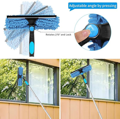 Professional 72'' Window Squeegee Cleaning Washing Tool/Kit with Extension Pole, 3 in 1 Squeegee for Window Cleaning Kit for High Window with 1 Rotatable Head 4 Interchangeable Scrubber