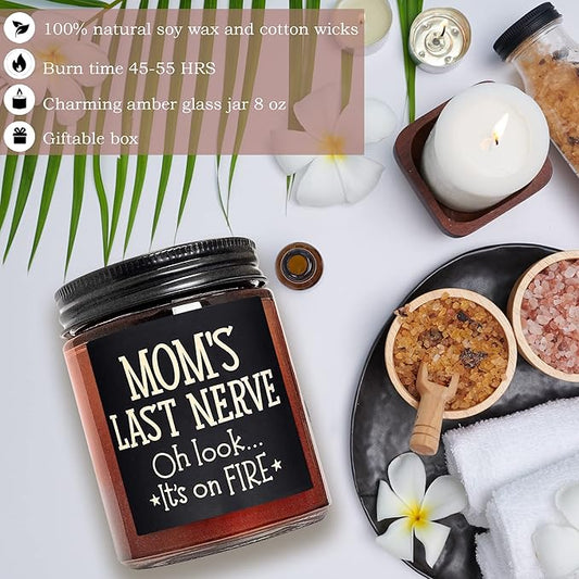 Mom's Last Nerve Candles - Fun Birthday, Mothers Day Gifts from Daughter, Son - Best Funny Stress Relief, Relaxing Gifts for Women, Wife, New Mom - Jasmine Scented Soy Wax Jar Candle for Home