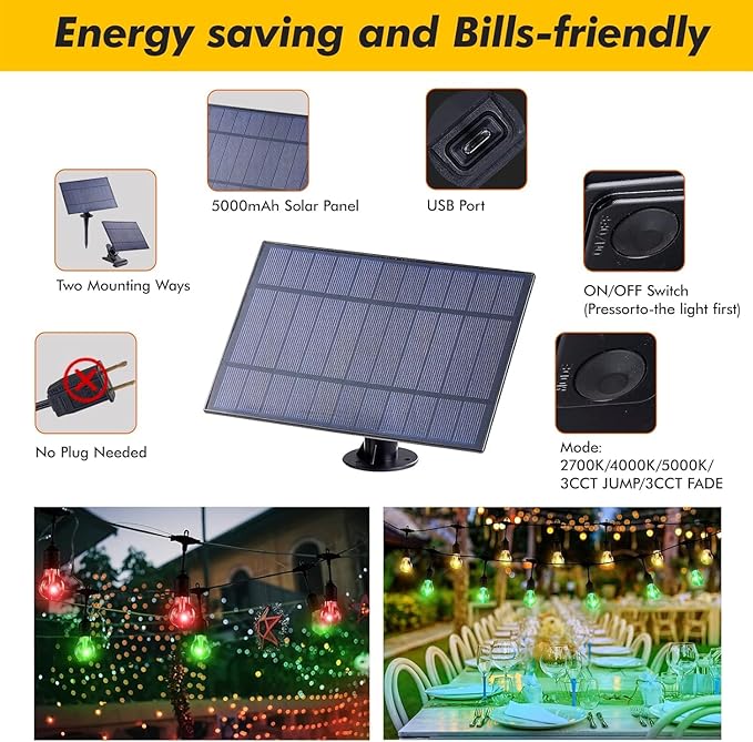 Auroraworld RGB Solar Outdoor String Lights, 200FT Dimmable Patio String Lights for Cafe