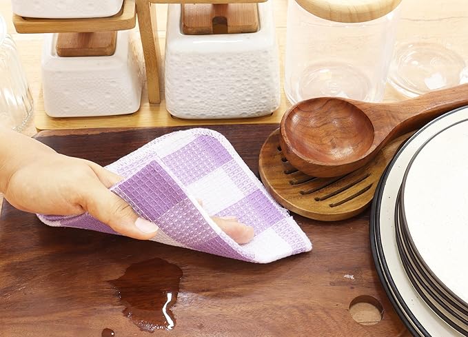 Waffle Weave Plaid Dish Cloths, 100% Cotton - 12 x 12 Inches, Ultra Soft Absorbent Quick Drying Dish Towels Buffalo Check Dish Rags for Kitchen, 8 Pack - Fall Thanksgiving- Lavender & White