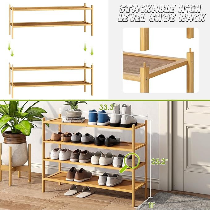 BMOSU 4-Tier Bamboo Extended Shoe Rack Premium Stackable Shoe Shelf Storage Organizer for Hallway Closet Living Room Entryway Organizer(Natural)