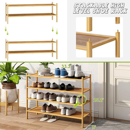 BMOSU 4-Tier Bamboo Extended Shoe Rack Premium Stackable Shoe Shelf Storage Organizer for Hallway Closet Living Room Entryway Organizer(Natural)