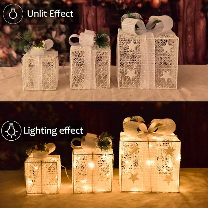 Christmas Light up Gift Boxes, Light up Xmas Boxes with Battery Operated for Christmas Decorations Indoor and Outdoor (3 Pack)