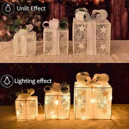 Christmas Light up Gift Boxes, Light up Xmas Boxes with Battery Operated for Christmas Decorations Indoor and Outdoor (3 Pack)