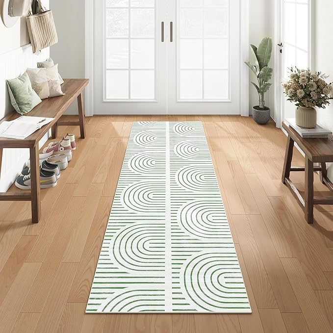 2x6 Washable Green Runner Rugs for Kitchen, Soft Abstract Rainbow Boho Rug for Bedroom Bedside Laundry Room Bathroom,Modern Non Slip Low Pile Floor Mat