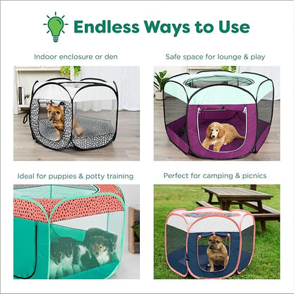 Furhaven Portable Dog Playpen Cat Tent, Pet Playground,Kennel Foldable Indoor Outdoor Zippered Puppy Crate - Green & Pink, Large