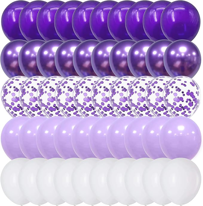 Balloon Purple and White, 60 Packs 12 Inch Dark Purple Light Purple Metallic Chrome Purple Confetti Balloons Set for Girls Women Wedding Birthday Baby Shower Bridal Shower Bachelorette Decorations