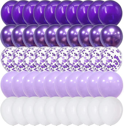 Balloon Purple and White, 60 Packs 12 Inch Dark Purple Light Purple Metallic Chrome Purple Confetti Balloons Set for Girls Women Wedding Birthday Baby Shower Bridal Shower Bachelorette Decorations