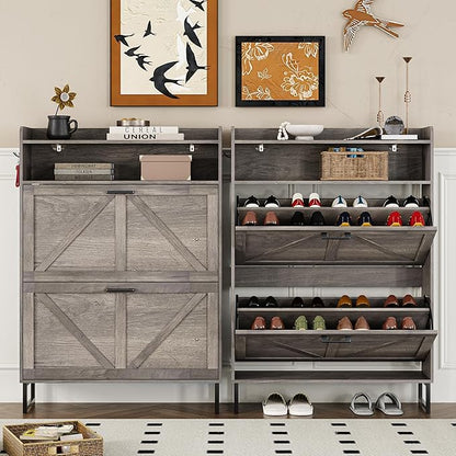 Shoe Cabinet with 2 Flip Drawers Narrow Shoe Storage Organizer Wooden Freestanding Rack Hidden Slim Shoes Storage Cabinet for Entryway, Hallway, Living Room, Bedroom (Grey)