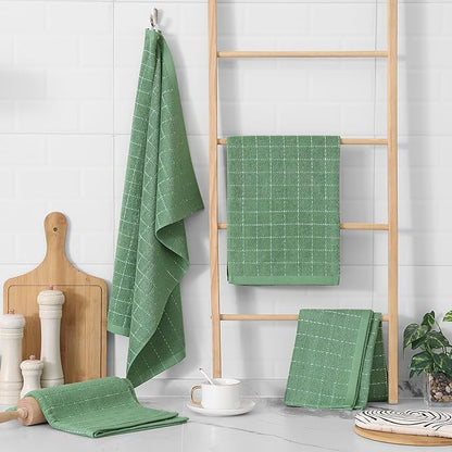 Homaxy 100% Cotton Terry Kitchen Towels(Grass Green, 20 x 28 inches), Checkered Designed, Soft and Super Absorbent Dish Towels, Large 4 Pack