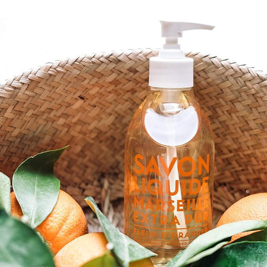 Compagnie de Provence Savon de Marseille Extra Pure Liquid Soap - Orange Blossom - 16.7 Fl Oz Glass Pump Bottle and 33.8 fl oz Plastic Bottle Refill