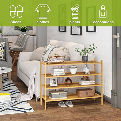 BMOSU 4-Tier Bamboo Extended Shoe Rack Premium Stackable Shoe Shelf Storage Organizer for Hallway Closet Living Room Entryway Organizer(Natural)