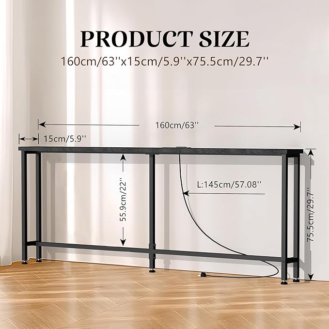 GRLEAF 63" Narrow Console Sofa Table with Built-in Power Strip (4 AC Outlets & 4 USB Ports) – 4.9ft Power Cord, Metal Frame, Easy Assembly, Ideal for Behind Couch, Hallway, and Home Office | Black