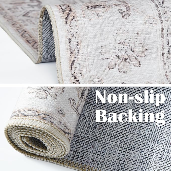 jinchan 5x7 Machine Washable Area Rugs - Vintage Floral Stain Resistant Low Pile Ultra-Thin Non Slip Accent Rug for Bedroom Living Room Kitchen Dining Room Entryway (5x7ft,Taupe)