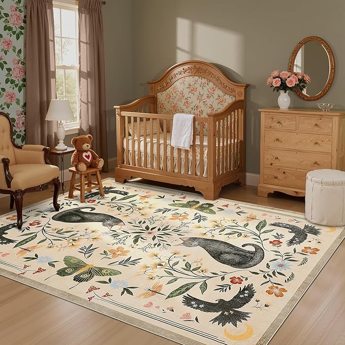 GarveeHome 3x5 Cat Washable Area Rug for Entryway, Mushroom Floral Beige Bedroom Rug Non Slip Low Pile Butterfly Carpet Stain Resistant Throw Rug for Kitchen Dorm Kids Room Office Dining Room