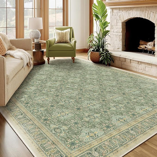 Jainmy Sage Green Rugs 8x10, Washable Non Slip Area Rug for Living Room Bedroom Dining Room, Boho Floral Moroccan Pattern Printed Carpet Rug Low Pile Thin for Nursery Playroom Kids Room
