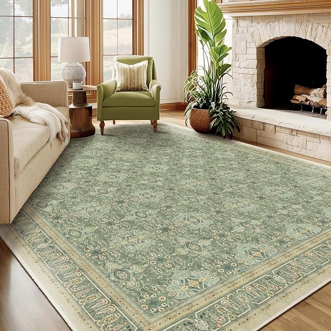 Sage Green 9x12 Rugs for Living Room, Large Area Rug Washable Non Slip Low Pile Ultra Thin, Boho Floral Moroccan Pattern Printed Carpet Rug for Bedroom Dining Room