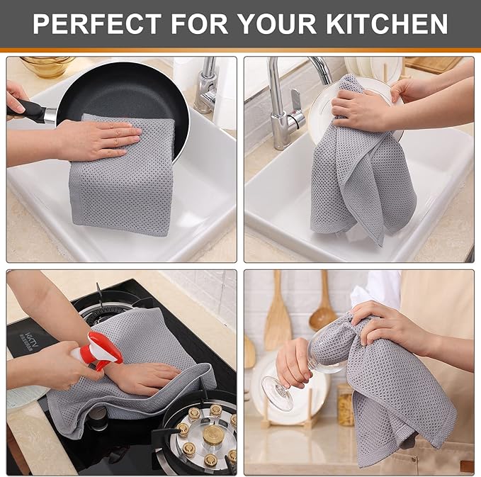 Kitinjoy 100% Cotton Waffle Weave Kitchen Towels, 6-Pack Super Soft and Absorbent Dish Towels for Drying Dishes, Kitchen Hand Towels, 13 in x 28 in, Light Grey