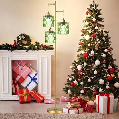 Gold Floor Lamp for Living Room Bedroom,3 Lights Vintage Tree Floor Lamps with Green Glass Shades,Mid Century Modern Floor Lamp for Corner Office,68IN Unique Tall Standing Lamp with Bulbs