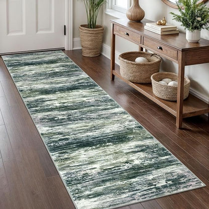 KOZYFLY Modern Abstract Hallway Runner Rug, 2x8 Kitchen Rugs Non-Slip Washable Soft Striped Runner Rugs, Print Green Yellow Carpet Runner for Entryway Bathroom Laundry Room Foyer