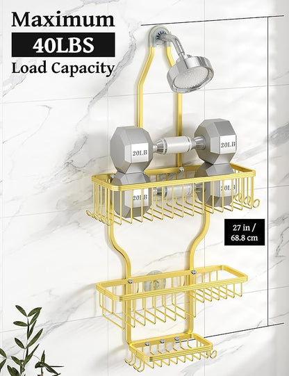 YASONIC Never Rust Shower Caddy Hanging Organizer - Aluminum Over-the-Showerhead Rack With 10 Hooks for Razor/Sponge and Soap Basket - Gold