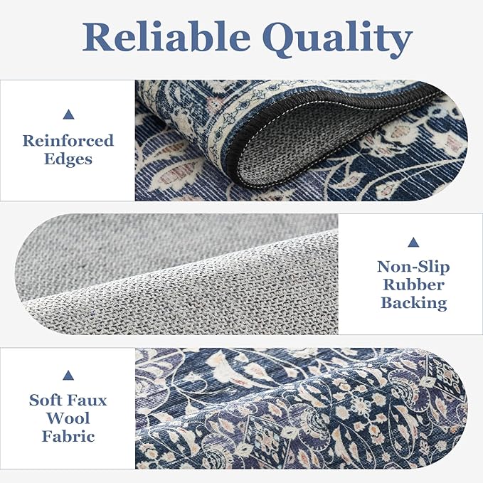 Blue 2x10 Rug Runners for Hallways Non Slip, Long Kitchen Runner Rugs Non Skid Washable, Transitional Floral Trellis Low Pile Thine Carpet Runners for Entryway Corridor Mudroom Foyer