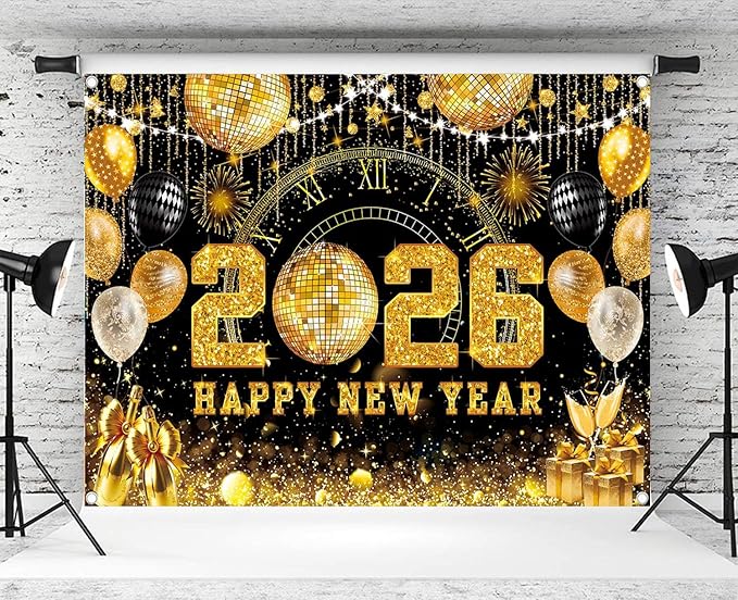 Happy New Year 2026 Black Gold Backdrop 2026 New Year Eve Countdown Photo Background Cheer to 2026 Party Decoration Banner Photo Supplies (Gold, 120x96inch (10x8FT))