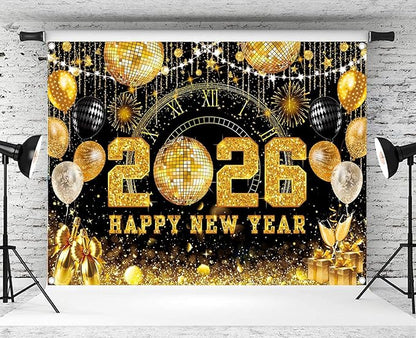 Happy New Year 2026 Black Gold Backdrop 2026 New Year Eve Countdown Photo Background Cheer to 2026 Party Decoration Banner Photo Supplies (Gold, 120x96inch (10x8FT))