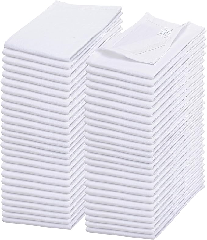 WHITEWRAP Flour Sack Towels| TeaTowel for Crafts| Kitchen Dish Cotton Blank Towel for Embroidery|Baking Bread Proofing Linen Cover| Thick Absorbent Quick Dry| 50 Pack 28"x28" White