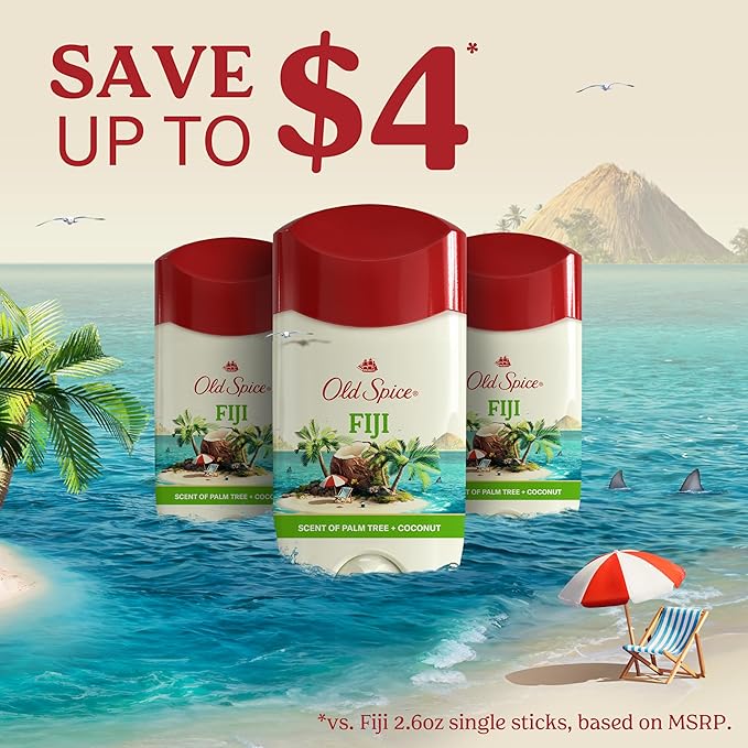 Old Spice Men's Antiperspirant & Deodorant, 24/7 Lasting Freshness, Advanced Sweat & Odor Protection with Skin Conditioners, Invisible Solid, Fiji with Palm Tree Scent, 3.4 oz (Pack of 3)