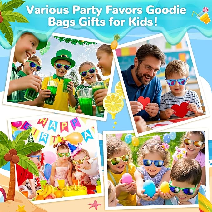 Party Favor Sunglasses for Kids, Boys Girls Age 3-8 Birthday Sunglass with UV 400 Protection, Neon Glasses for Valentines Easter Children Day Gifts, Summer Beach Goodie Bags Stuffers - 12 Packs