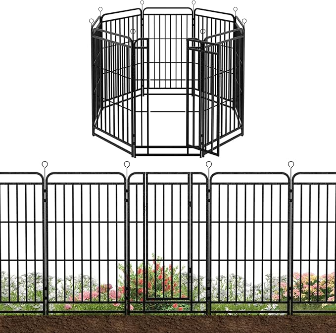 8 Panels No Dig Garden Fence 18 ft(L) X 47 in(H) Animal Barrier for Yard, Patio, Garden Borders, Outdoor Decorative Fencing with Thick Pipe Metal Panels