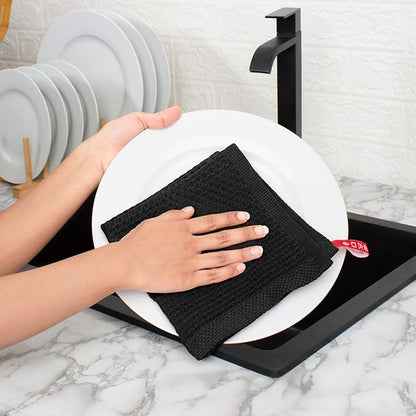 Premium Cotton Waffle Wash Cloths - Pack of 8 (12x12 Inches), Ultra Soft, Absorbent, Quick Dry Dish Cloth, Best for Wash Cloth & Dish Rags - Black (Kitchen Essentials)