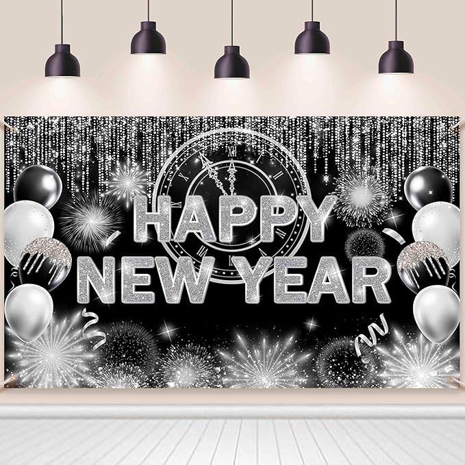 Black Silver Happy New Year Backdrop 2026 Kiss Me at Midnight Photography Background Cheers to The New Year Eve Hello 2026 Party Decorations Firework Banner Photo Props 7X5ft