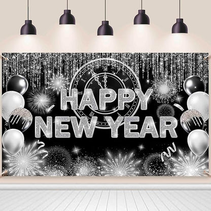 Black Silver Happy New Year Backdrop 2026 Kiss Me at Midnight Photography Background Cheers to The New Year Eve Hello 2026 Party Decorations Firework Banner Photo Props 7X5ft
