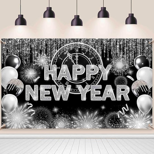 Black Silver Happy New Year Backdrop 2026 Kiss Me at Midnight Photography Background Cheers to The New Year Eve Hello 2026 Party Decorations Firework Banner Photo Props 7X5ft