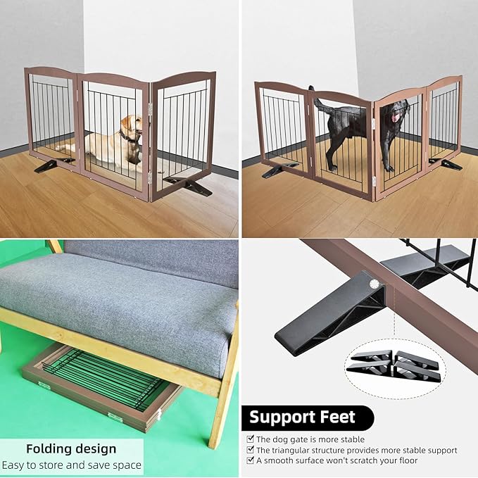 ZJSF Freestanding Dog Fence Indoor, Foldable Dog Gate for Doorways, Stairs or Hallways, Sturdy Wood Extra Wide Pet Gate with Support Feet for The House, Brown, 32 "Height-3 Panels