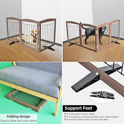 ZJSF Freestanding Dog Fence Indoor, Foldable Dog Gate for Doorways, Stairs or Hallways, Sturdy Wood Extra Wide Pet Gate with Support Feet for The House, Brown, 24 "Height-3 Panels